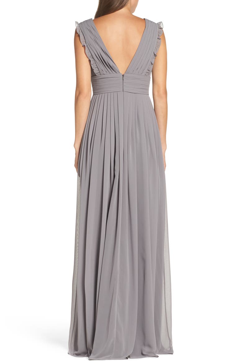 Deep V-Neck Ruffle Pleat Chiffon Gown, Alternate, color, SLATE