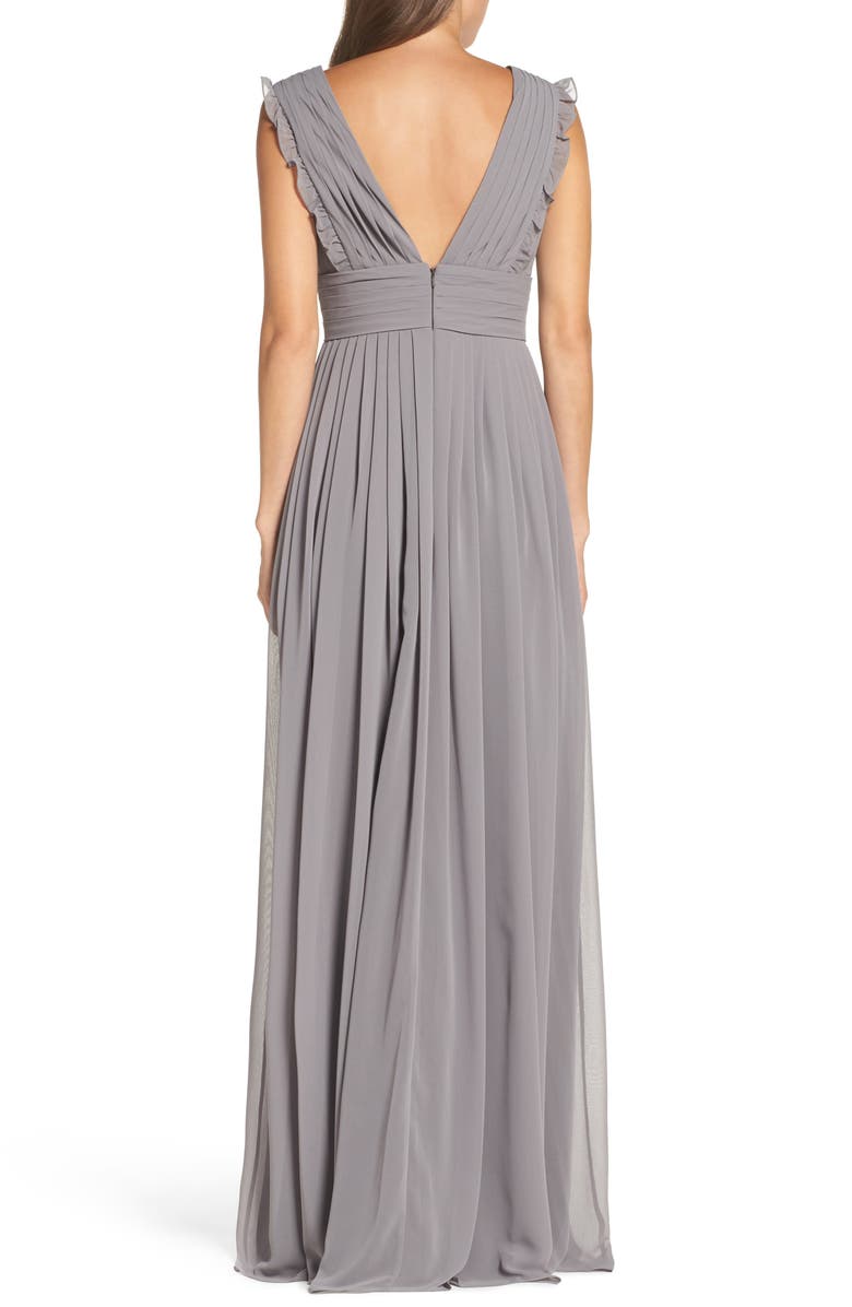 Monique Lhuillier Bridesmaids Deep V-Neck Ruffle Pleat Chiffon Gown, Alternate, color, 