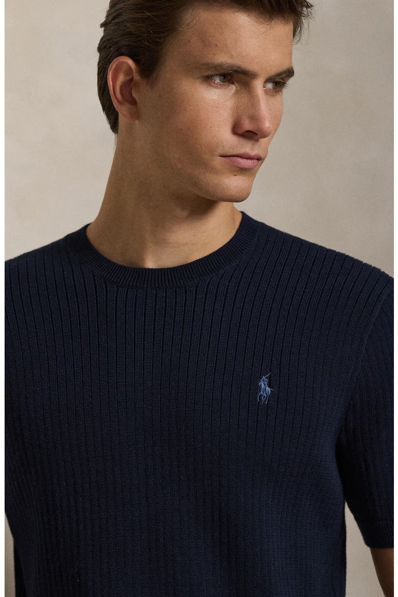 Ribbed Cotton Short Sleeve Sweater, Alternate, color, HUNTER NAVY