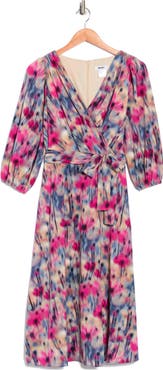DKNY Balloon Sleeve Faux Wrap Midi Dress