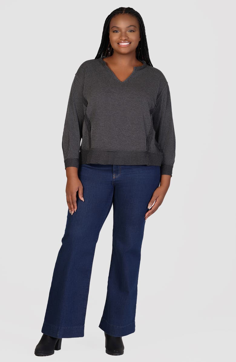 24seven Comfort Apparel Textured Stripe Split Neck Sweatshirt, Alternate, color, Black