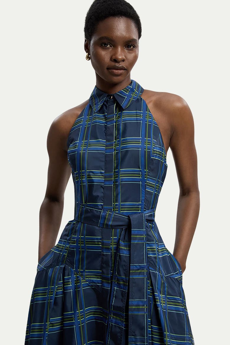 Check Taffeta Belted Maxi Shirt Dress, Alternate, color, Navy