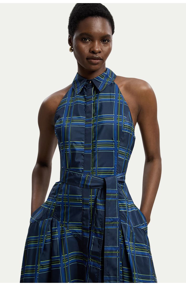 Karen Millen Check Taffeta Belted Maxi Shirt Dress, Alternate, color, Navy