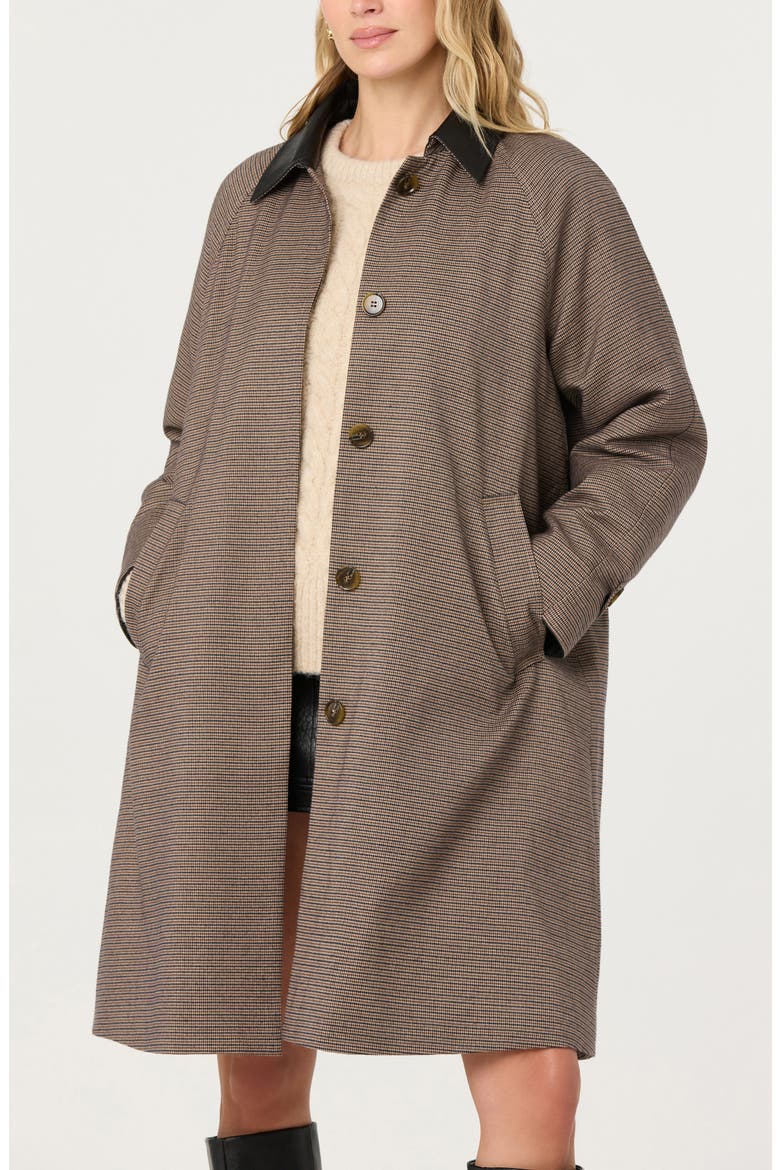 Raiden Faux Leather Collared Coat, Alternate, color, BROWN PLAID