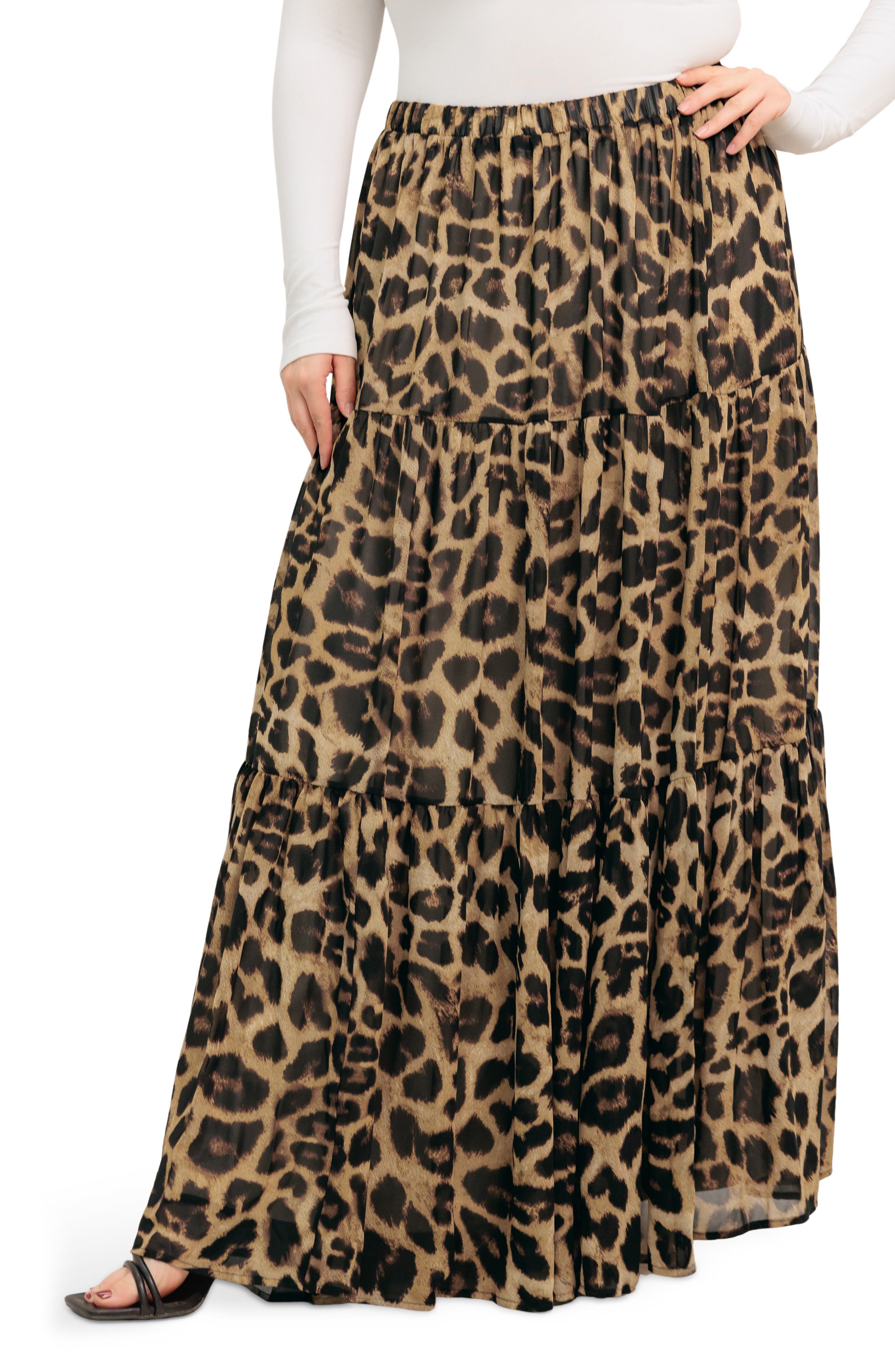 FLYING TOMATO Leopard Print Tiered Maxi Skirt
