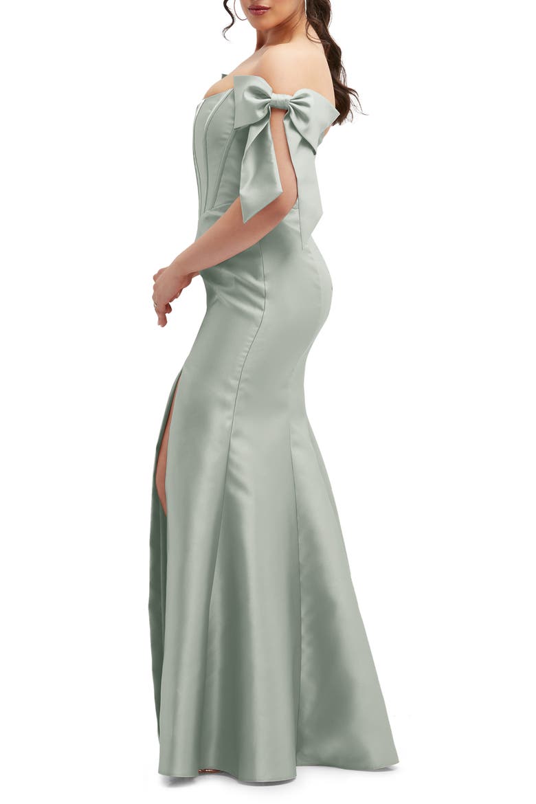 Off the Shoulder Bow Corset Satin Trumpet Gown, Alternate, color, WILLOW