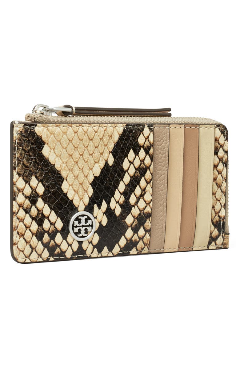 Tory Burch Robinson Snake Embossed Leather Card Case, Alternate, color, 