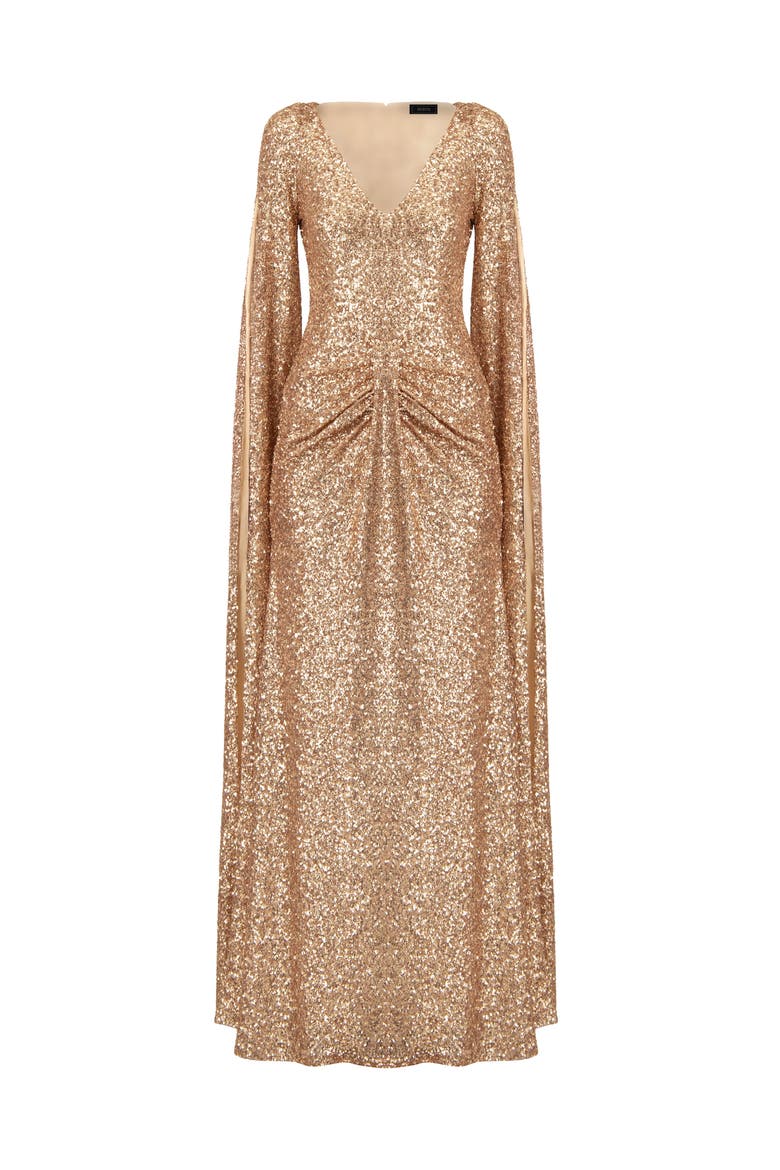 Long Sleeve V-Neck Sequin Evening Dress with Slit, Alternate, color, Light Pink