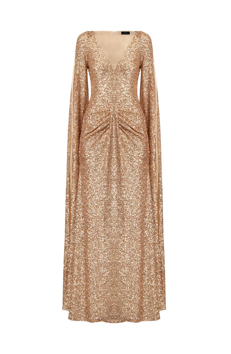 IVONNE Long Sleeve V-Neck Sequin Evening Dress with Slit, Alternate, color, Light Pink