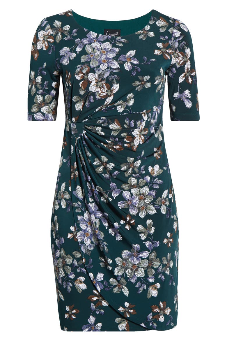 Floral Side Ruched Knit Dress, Alternate, color, HUNTER