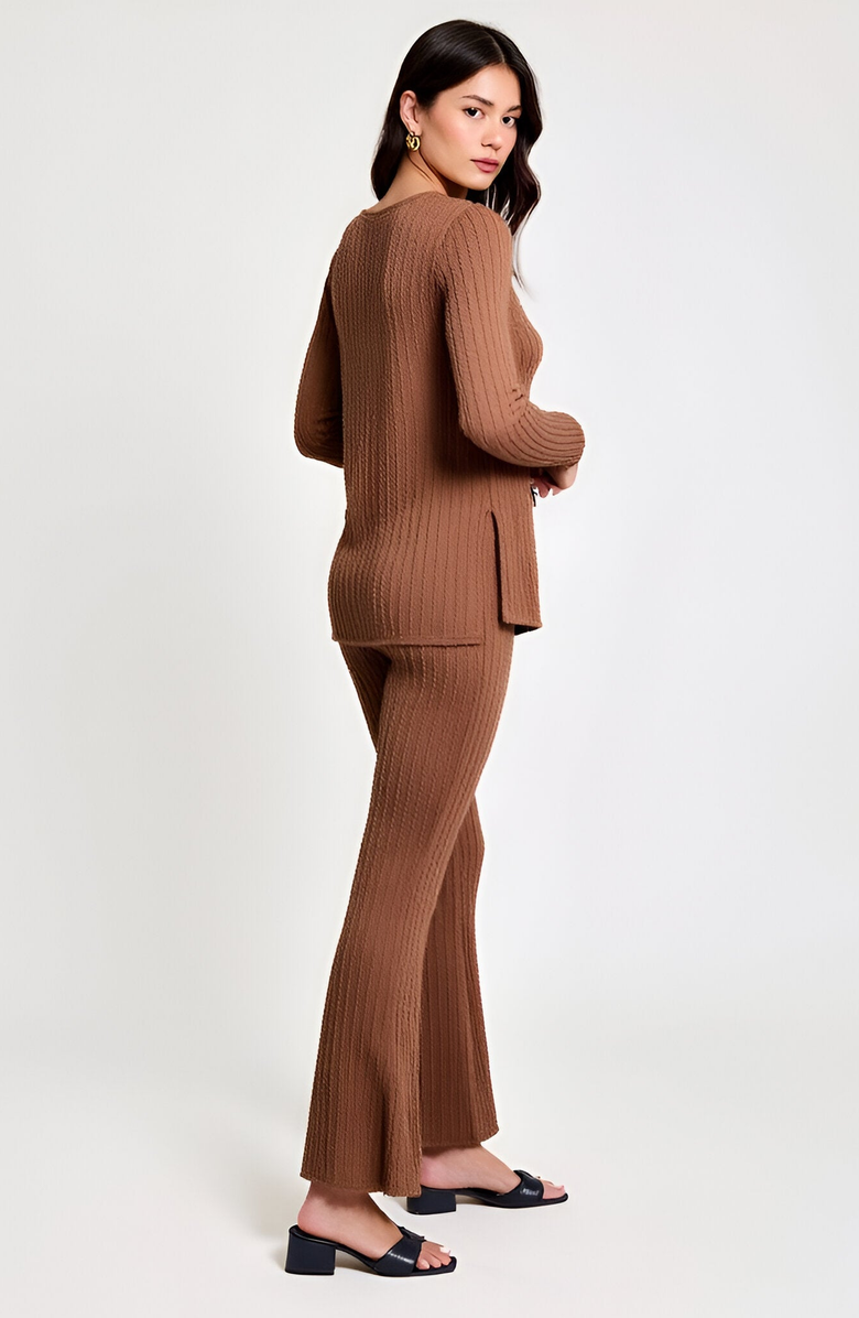 Modenaire Ribbed Knit Long Sleeve Top and Flared Pants Lounge Set with Side Slit Detail, Alternate, color, Brown