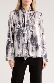DKNY Tie Neck Long Sleeve Satin Top