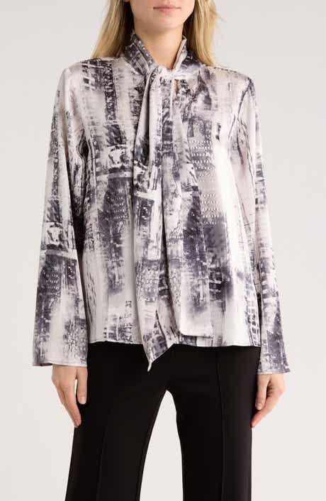 DKNY Tie Neck Long Sleeve Satin Top