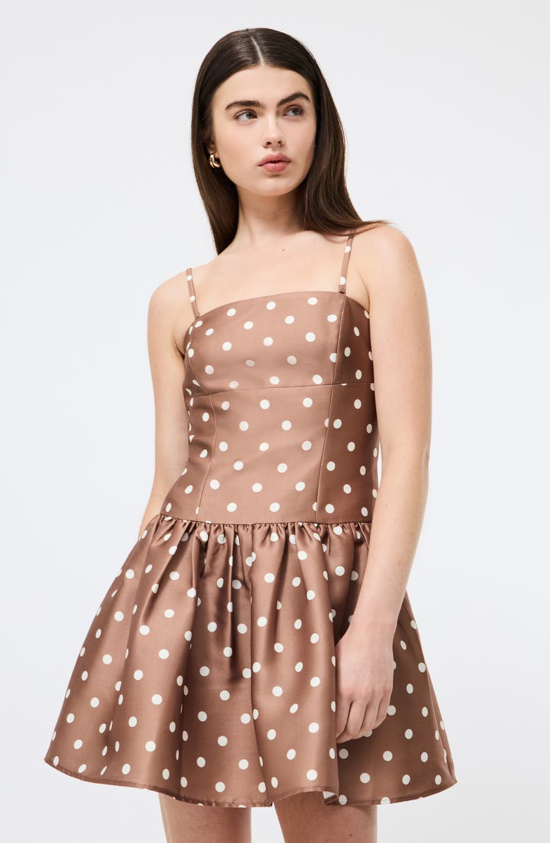 French Connection Polka Dot Taffeta Fit & Flare Minidress, Alternate, color, Cafe Brown Porcelain Cream