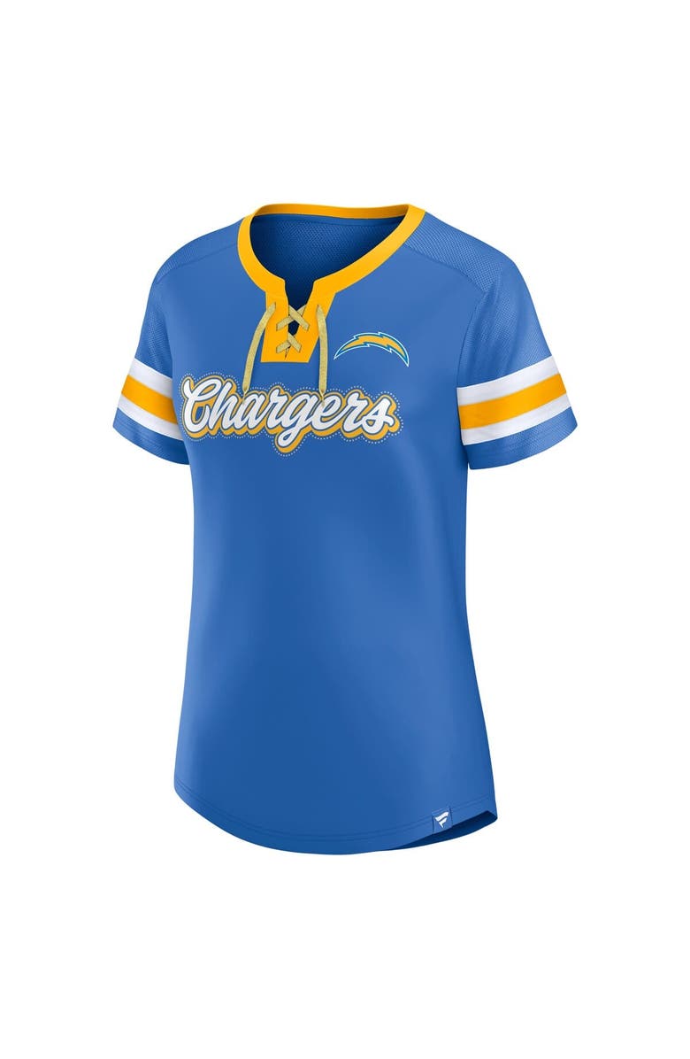 FANATICS Women's Fanatics  Powder Blue Los Angeles Chargers True Catch Iconic Rhinestone Bling Athena Lace-Up T-Shirt, Alternate, color, Powder Blue