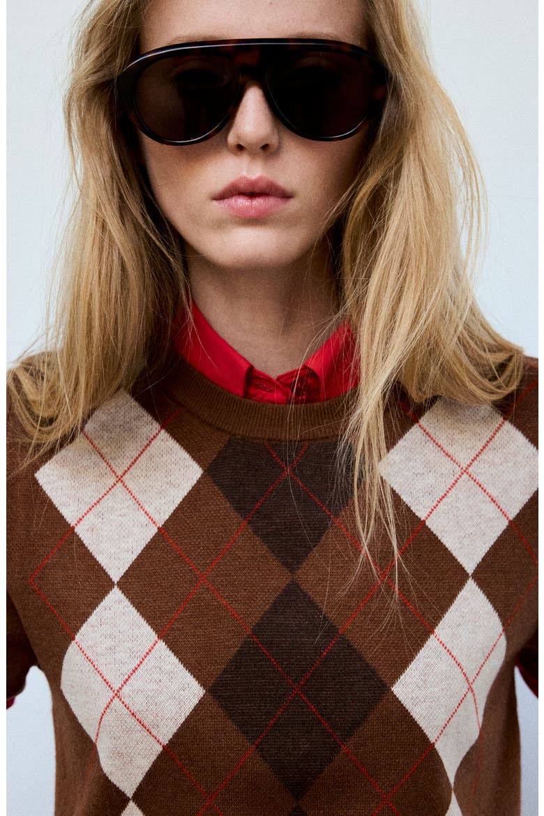 Argyle Short Sleeve Sweater, Alternate, color, BROWN