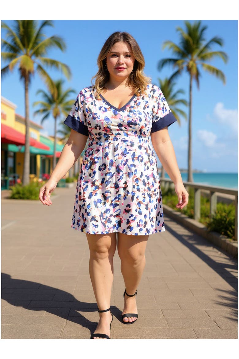 Plus Size Abstract Short Sleeve Knee Length T-Shirt Dress, Alternate, color, White Multi