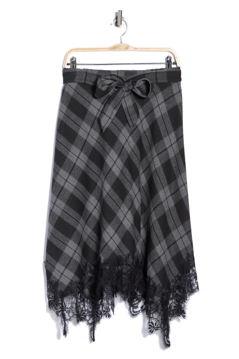 Lace Hem Midi Skirt, Main, color, BLACK/ GREY PLAID