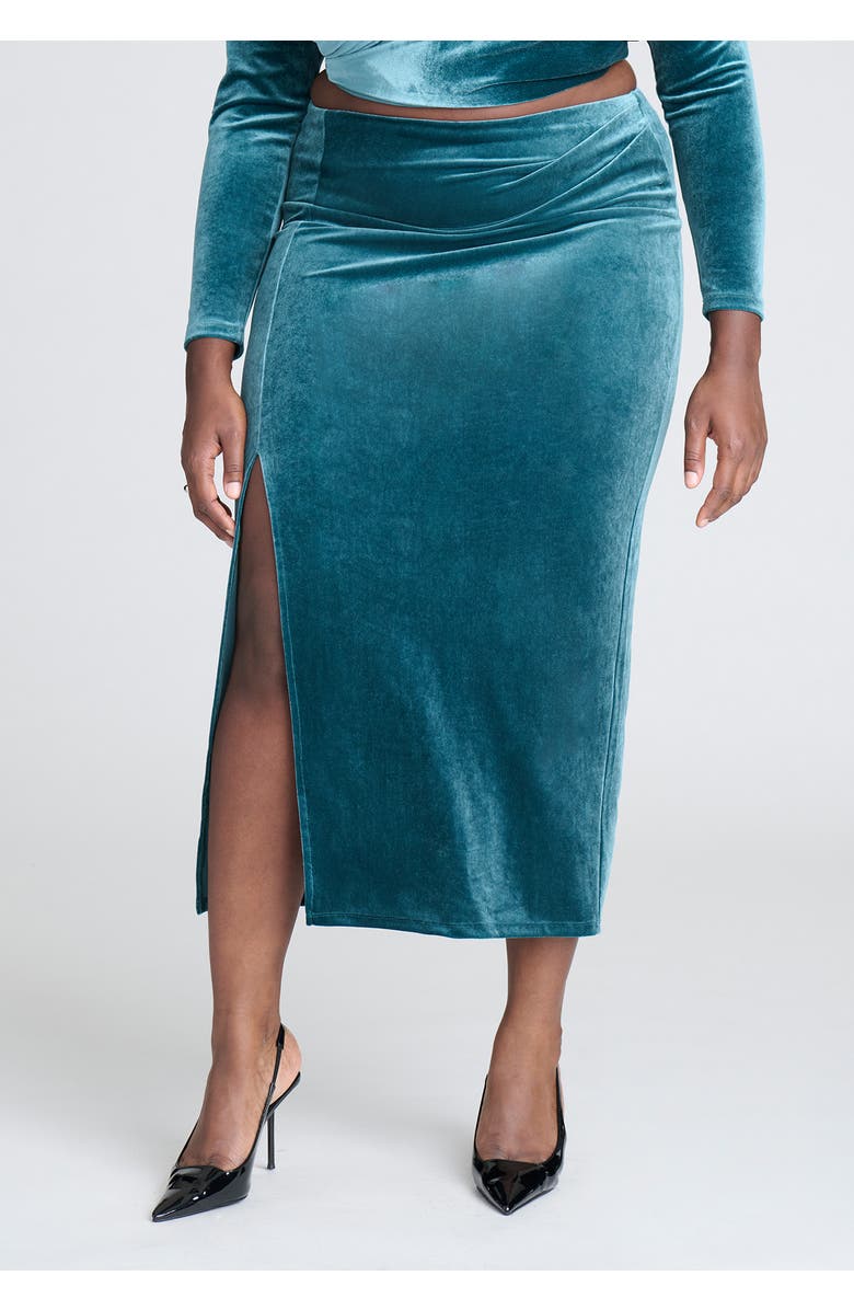 ELOQUII Velvet Maxi Skirt With Slit, Alternate, color, Teal