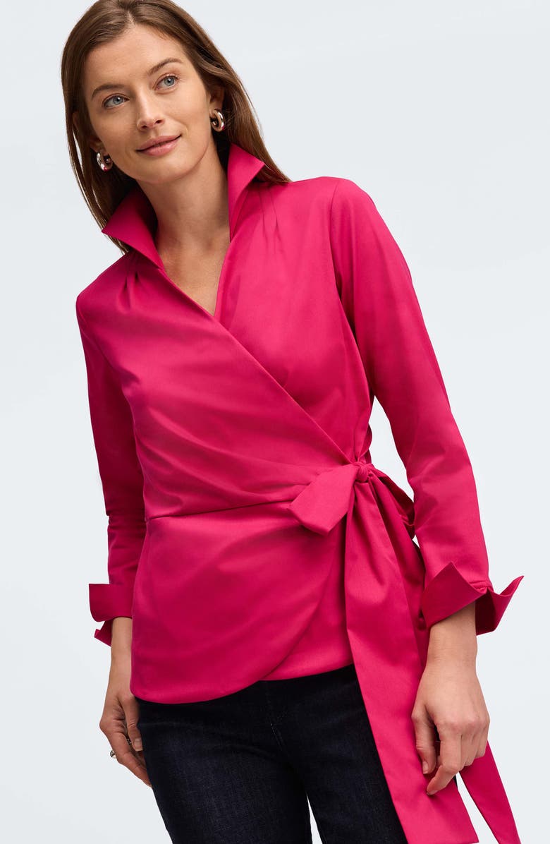 Foxcroft Salina Stretch Cotton Blend Wrap Shirt, Alternate, color, Ruby Pink