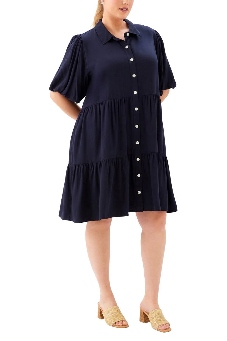 Tiered Puff Sleeve Shirtdress, Alternate, color, NAVY