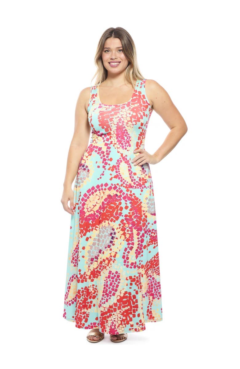 24seven Comfort Apparel Plus Size Abstract Scoop Neck Sleeveless A-Line Maxi Dress, Main, color, Blue Multi