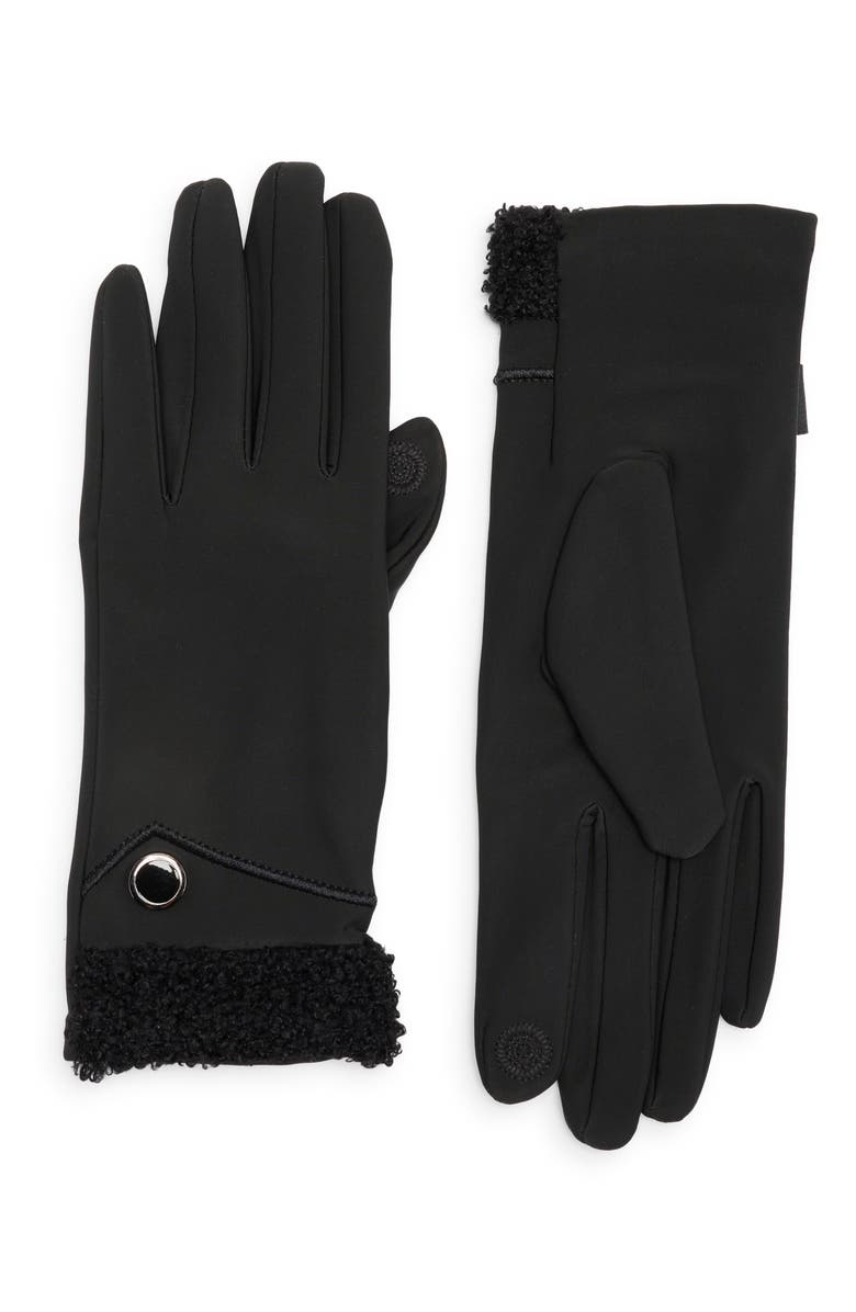 Nanette Lepore Faux Shearling Cuff Scuba Knit Gloves, Main, color, Black