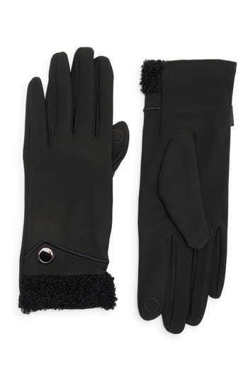 Nanette Lepore Faux Shearling Cuff Scuba Knit Gloves In Black