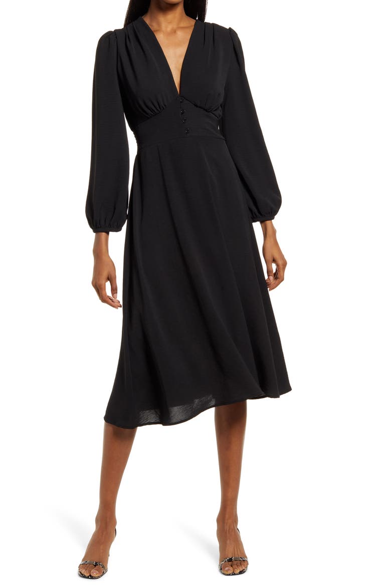 Empire Waist Long Sleeve Midi Dress, Main, color, BLACK