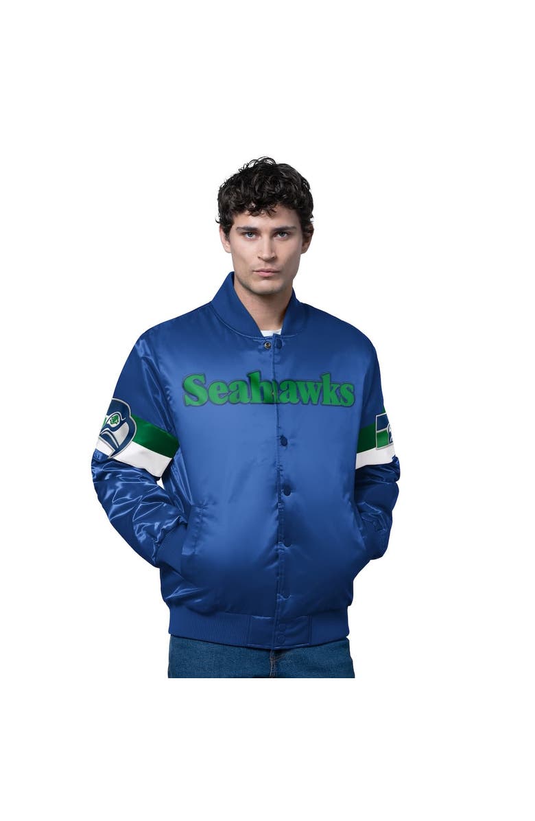 STARTER Men
s Starter Royal Seattle Seahawks Triple Option Satin Varsity Vintage Logo Full-Snap Jacket, Alternate, color, Royal