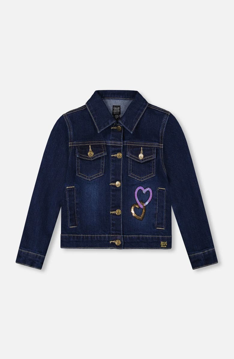 Deux par Deux Stretch Denim Jacket with Glittery Hearts and Unicorn, Main, color, 