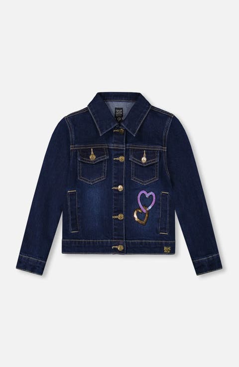 Stretch Denim Jacket with Glittery Hearts and Unicorn (Toddler & Little Kid)