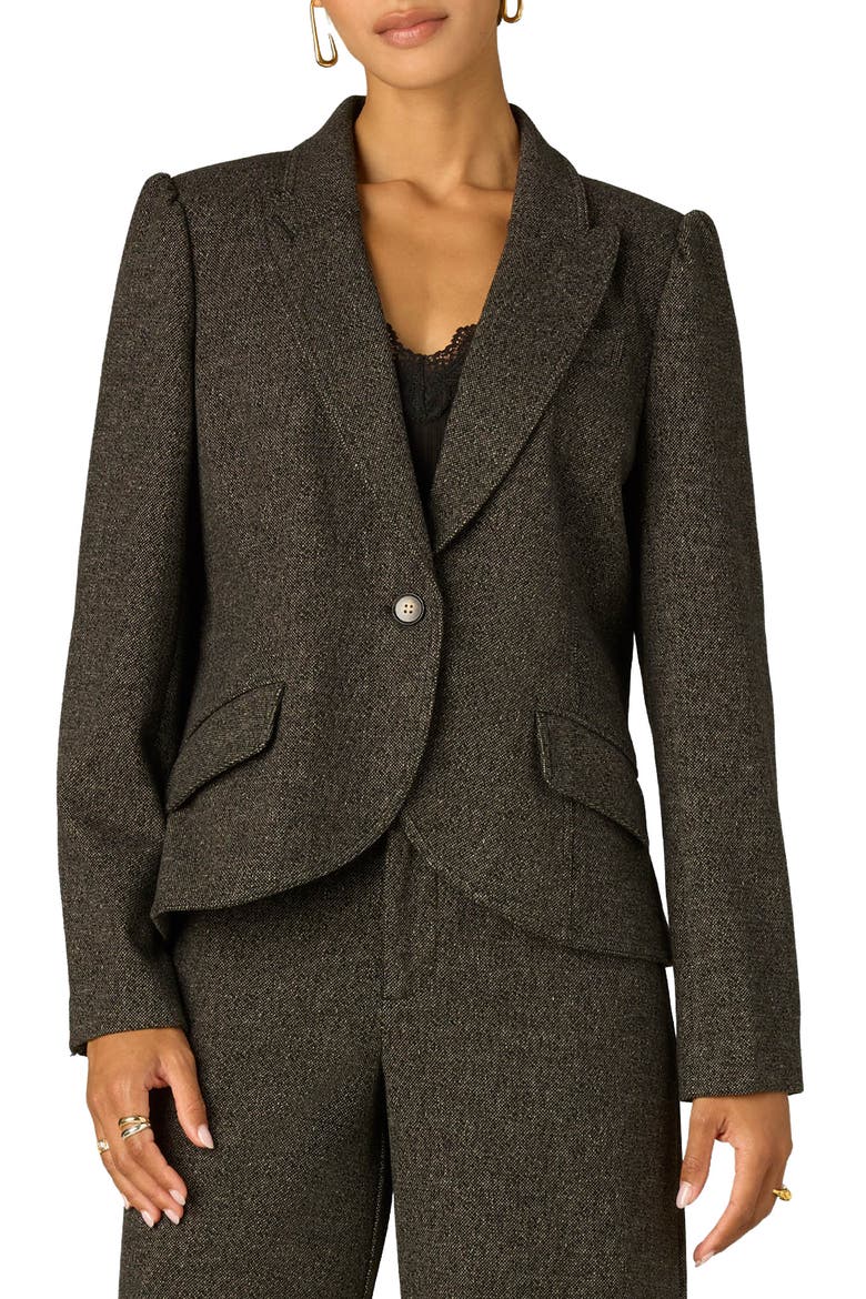 Puff Shoulder Tweed Blazer, Main, color, BLACK/ BIRCH