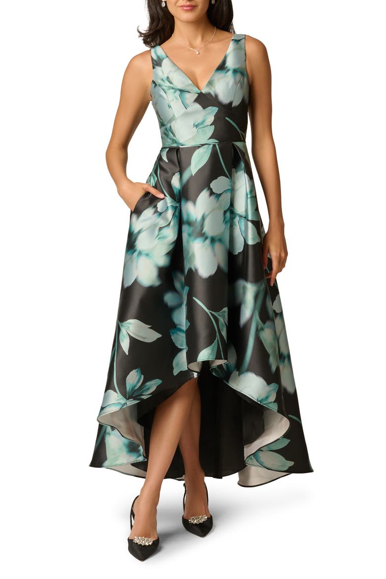 Printed High-Low Mikado Gown, Main, color, BLACK MULTI