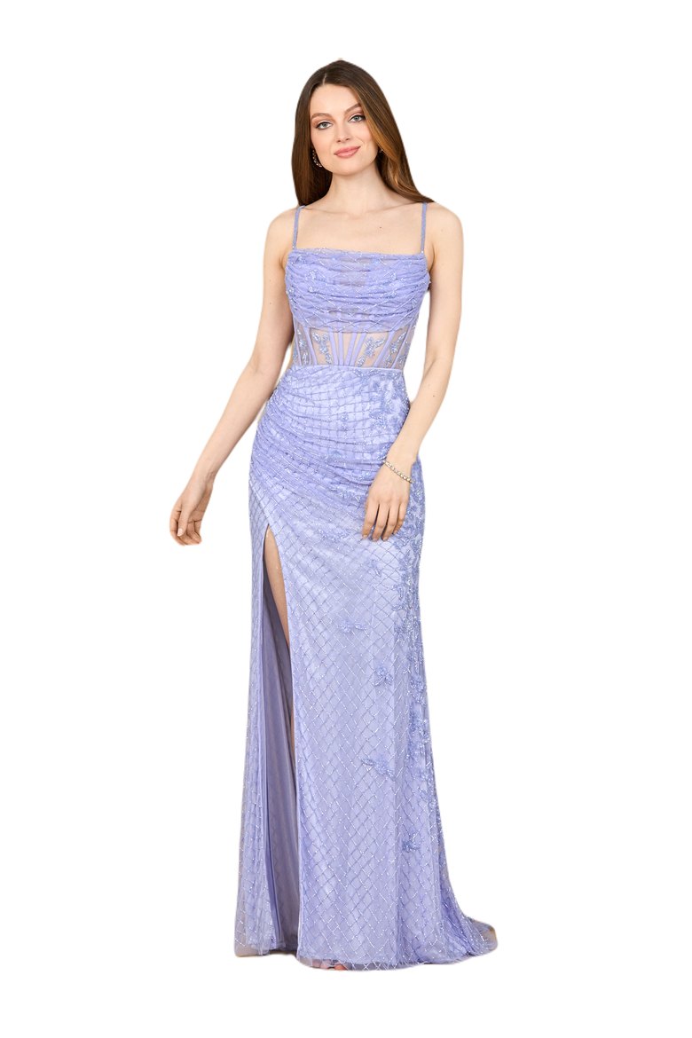 Beaded Corset Prom Gown with Slit, Main, color, Blue Iris