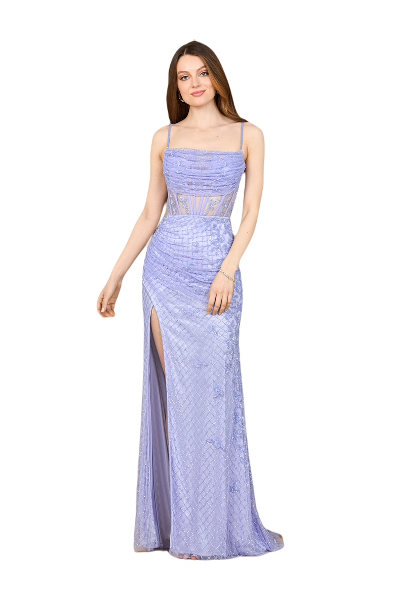 LARA New York Beaded Corset Prom Gown with Slit, Main, color, Blue Iris