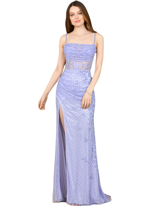 Lara New York Beaded Corset Prom Gown With Slit In Blue Iris