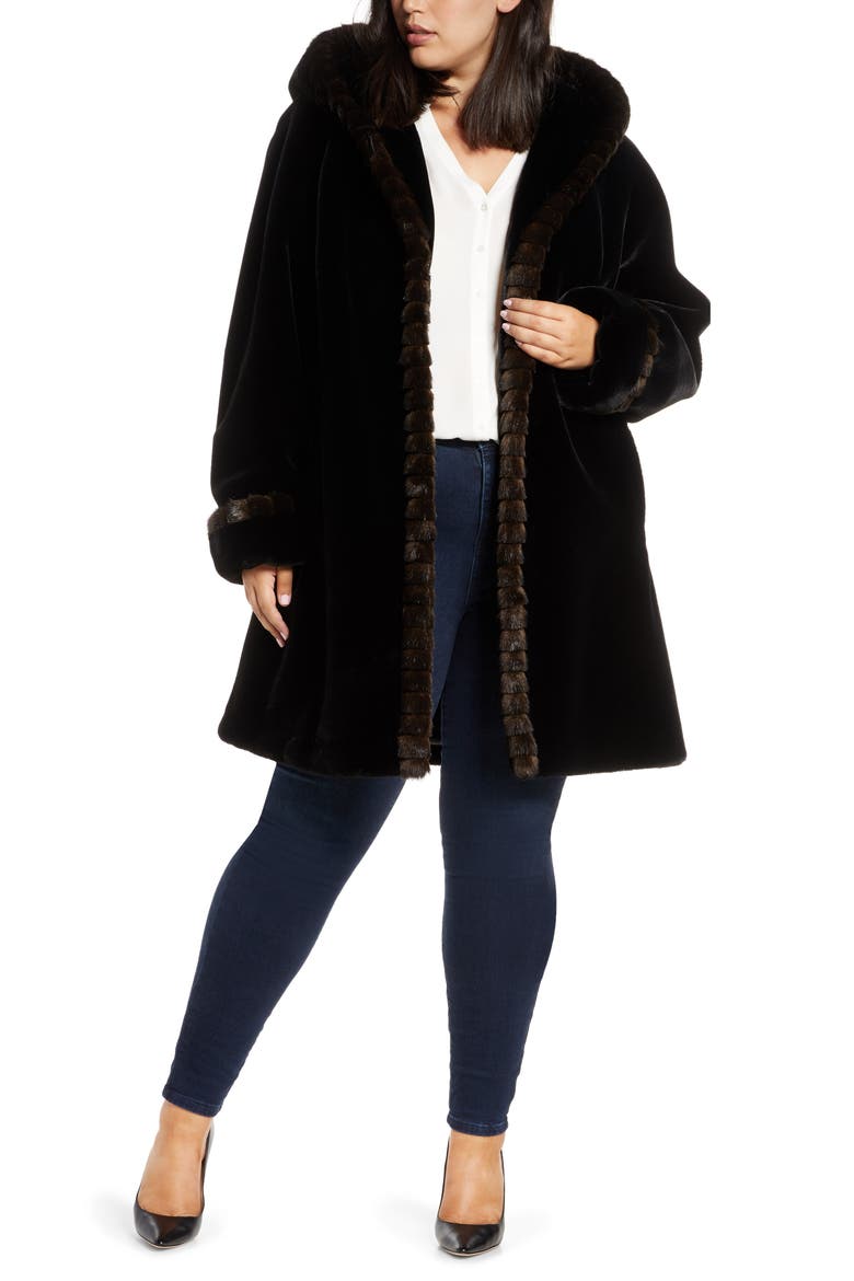 Faux Fur Swing Coat, Main, color, BLACK