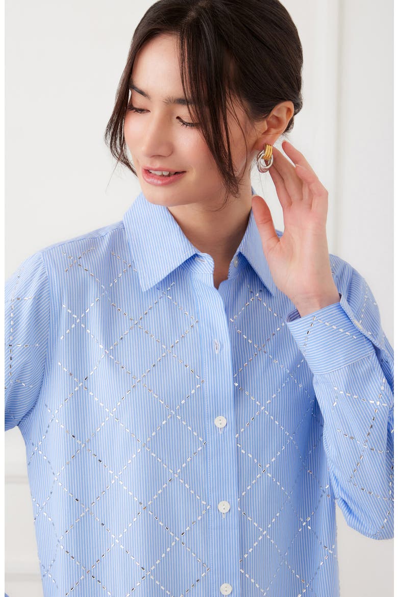 Embellished Long Sleeve Cotton Shirtdress, Alternate, color, BLUE