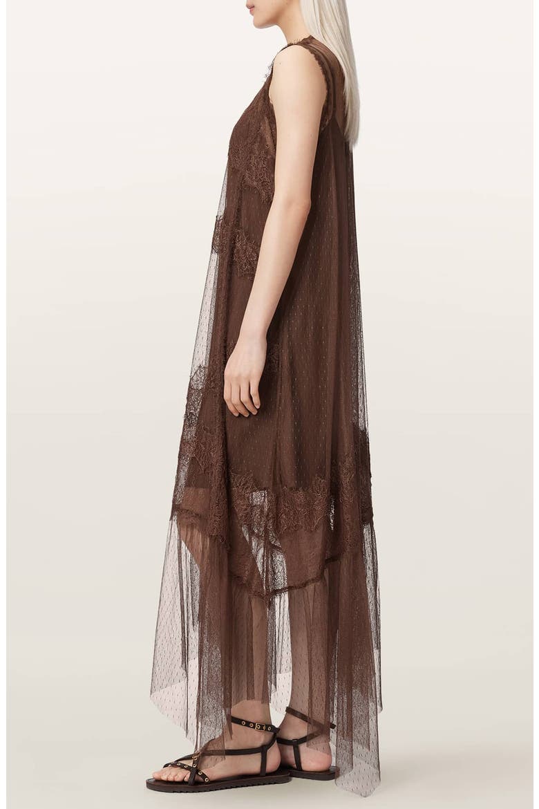 Clara Sheer Lace Sleeveless Handkerchief Hem Dress, Alternate, color, BITTER BROWN