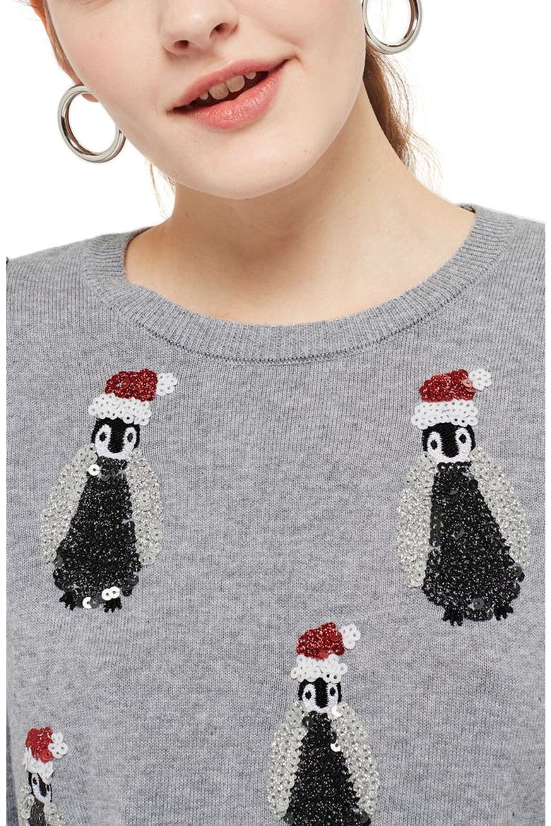Sequin Penguin Sweater, Alternate, color, GREY MARL MULTI