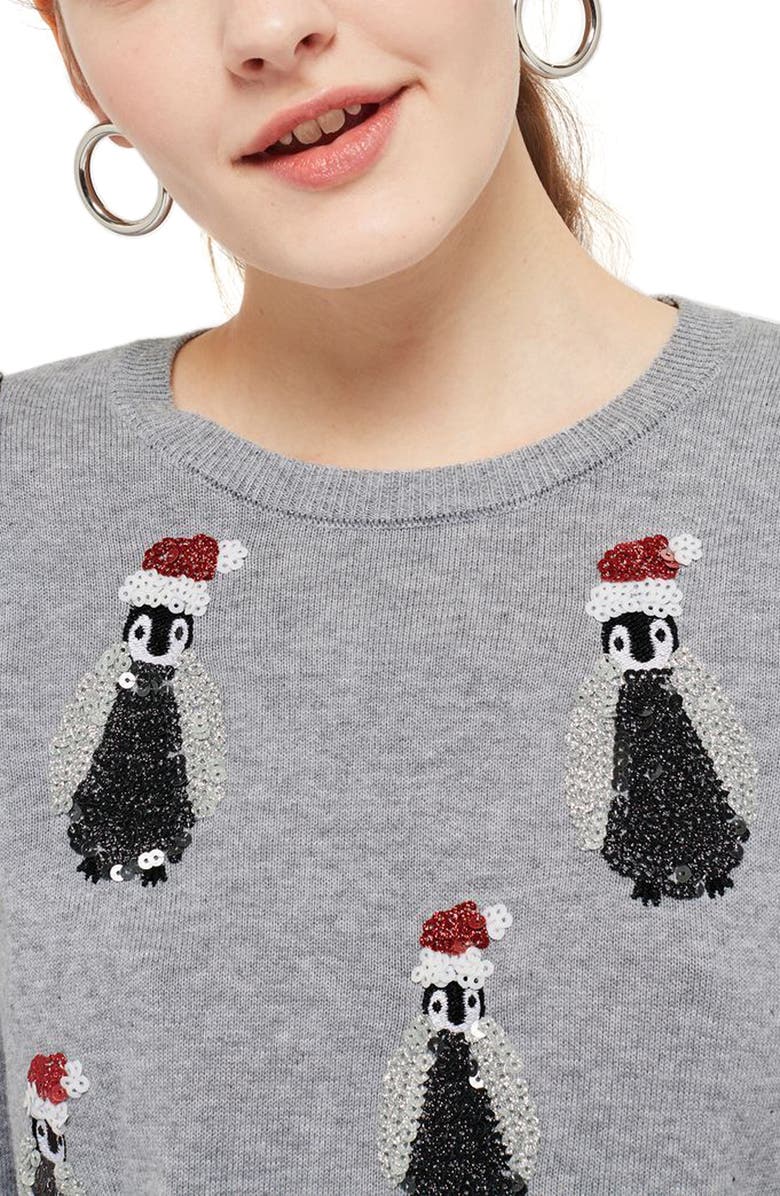 Topshop Sequin Penguin Sweater, Alternate, color, 