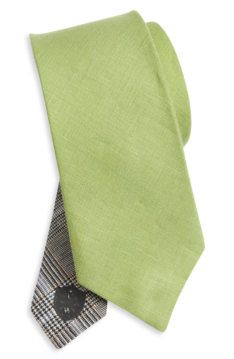 CLIFTON WILSON Olive & Plaid Reversible Slub Linen Tie, Main, color, 