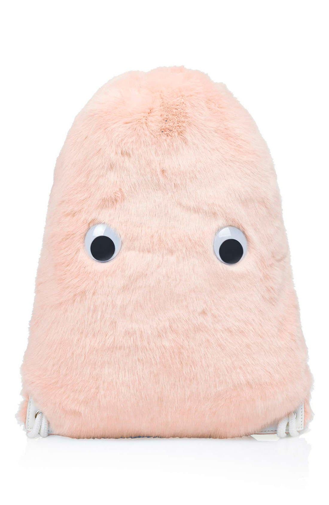 Faux Fur Drawstring Backpack, Alternate, color, PINK