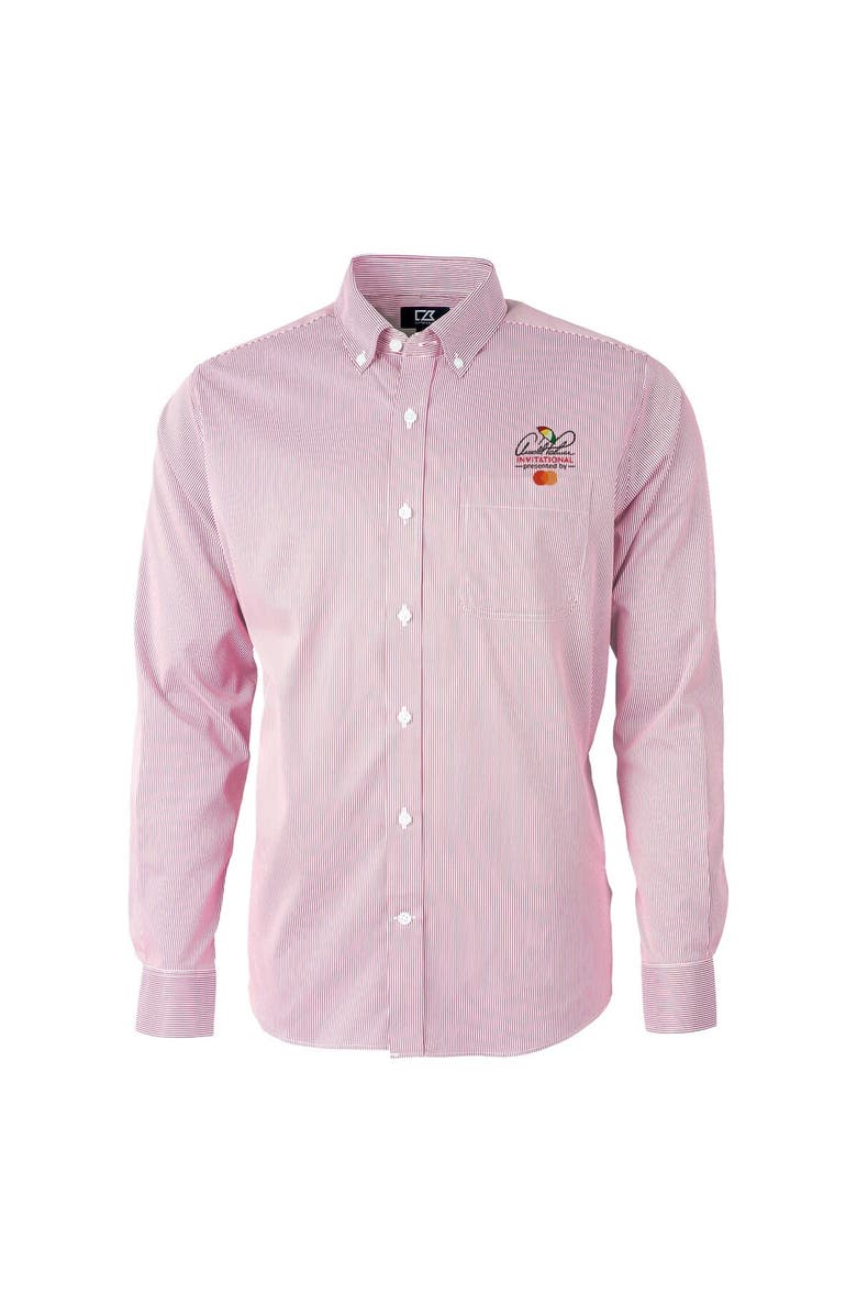 Cutter & Buck Men's Cutter & Buck Pink Arnold Palmer Invitational Versatech Pinstripe Button-Down Long Sleeve Shirt, Main, color,