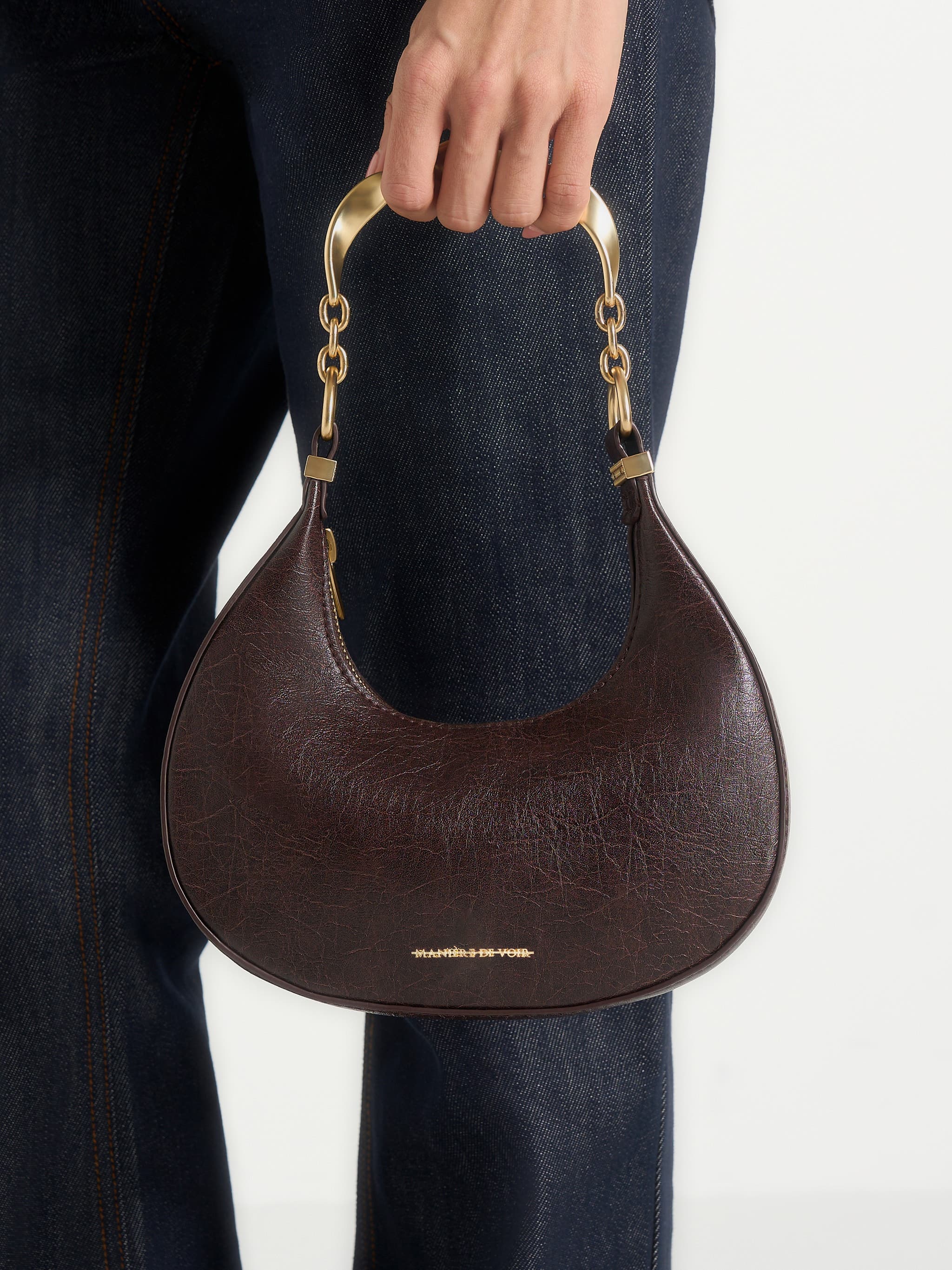 Manière De Voir Sadie Sculpted Leather Crescent Bag, Alternate, color, Brown