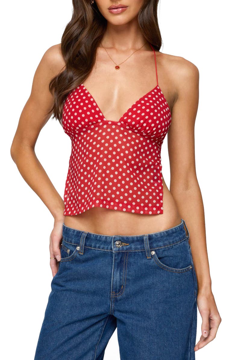 EDIKTED Polka Dot Backless Halter Top, Main, color, Red-And-White