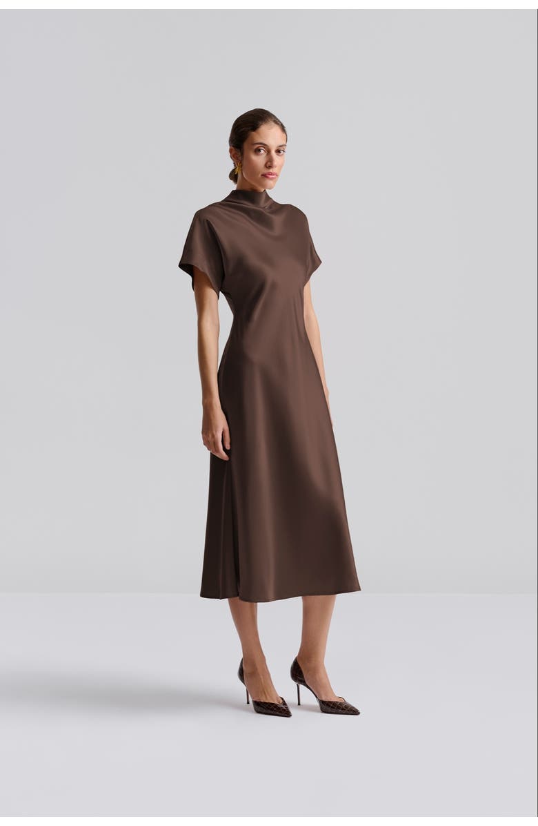 Malina Alivia Short Sleeve Satin Midi Dress, Alternate, color, Chocolate