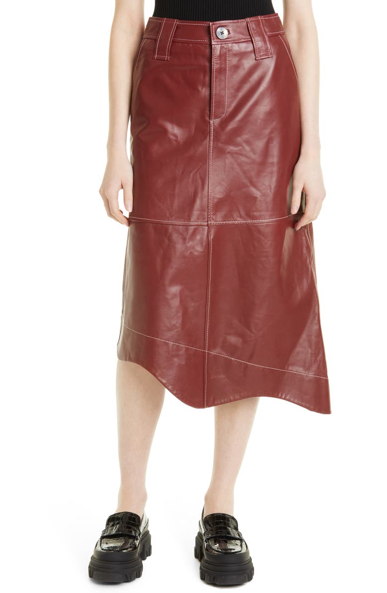 Ganni Asymmetric Leather Skirt, Main, color,