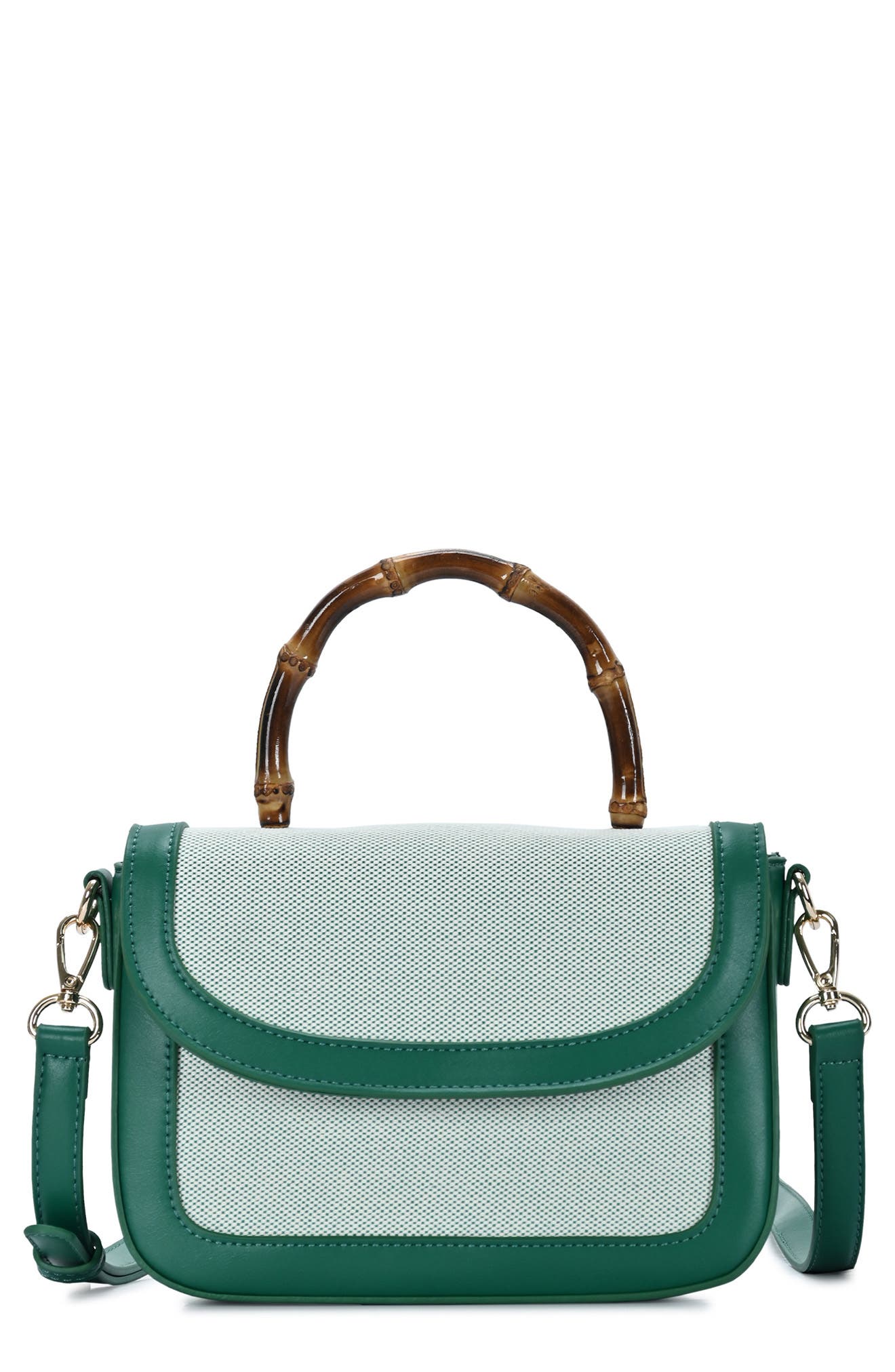 Mini Flap Canvas Bag with Bamboo Handle, Main, color, GREEN
